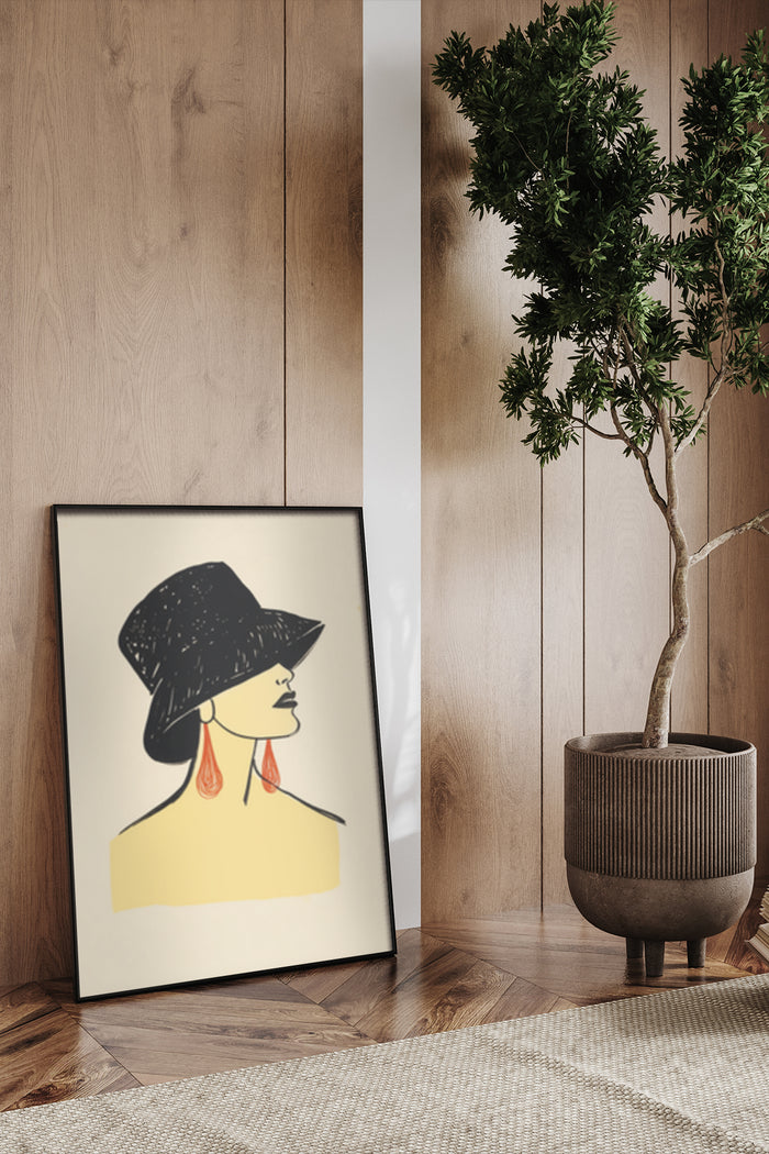 Stylish modern artwork of an elegant woman wearing a hat and statement earrings displayed in a room with wooden floors and a potted tree