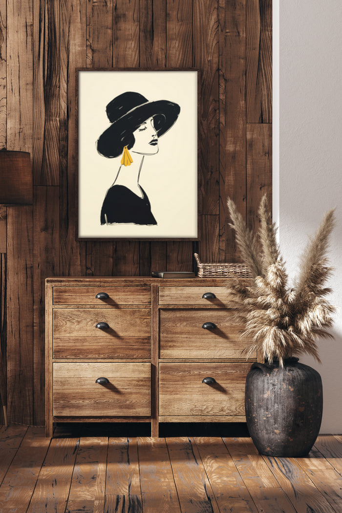 Stylish minimalist portrait of elegant woman with hat and earrings framed artwork