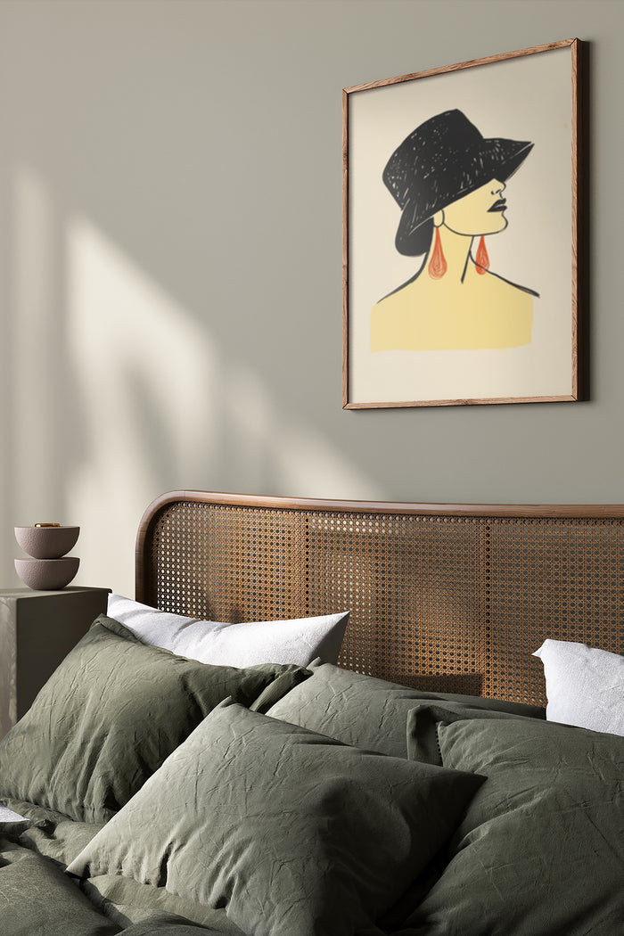 Minimalist elegant woman illustration poster on bedroom wall above bed