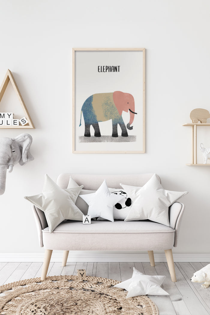 Modern Elephant Artwork Poster in Stylish Living Room Setting