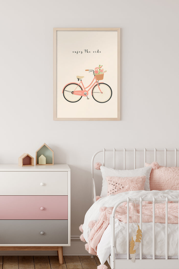 Enjoy The Ride text on a vintage bicycle illustration poster in a cozy bedroom setting