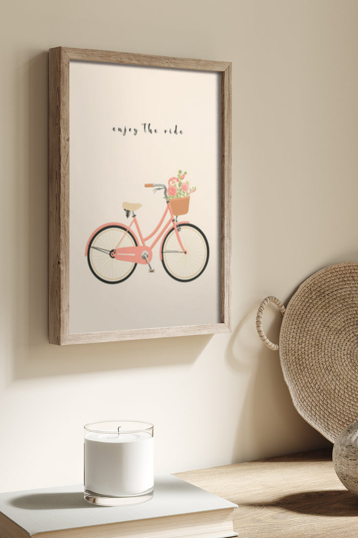 Enjoy the Ride inspirational poster featuring a red bicycle with a basket of flowers