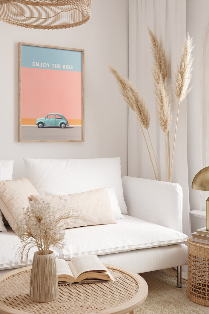 Enjoy The Ride vintage car poster framed on a white bedroom wall with chic interior design