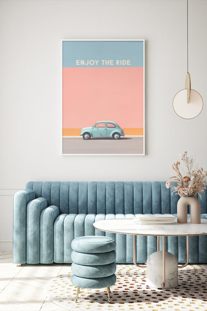 Enjoy The Ride vintage car poster in a stylish modern living room