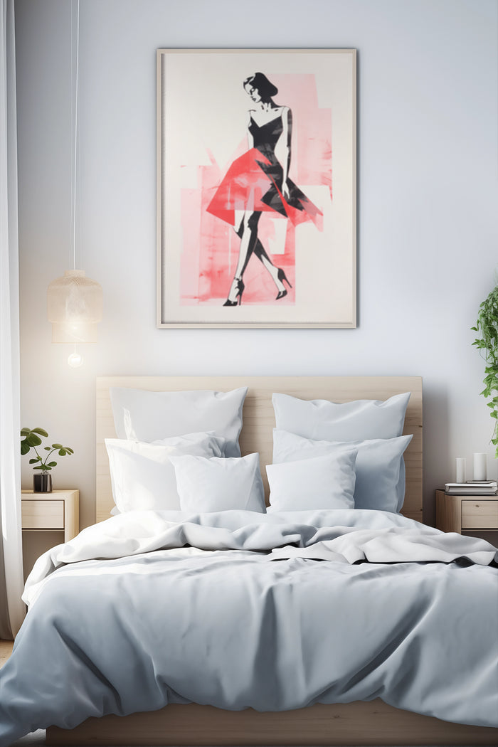 Fashionable female illustration poster with red accents on wall above bed with white bedding