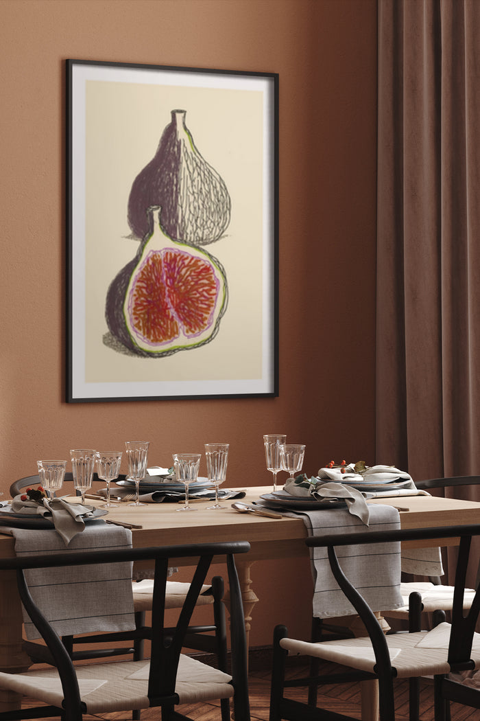 Stylish fig artwork poster displayed in a modern dining room setting