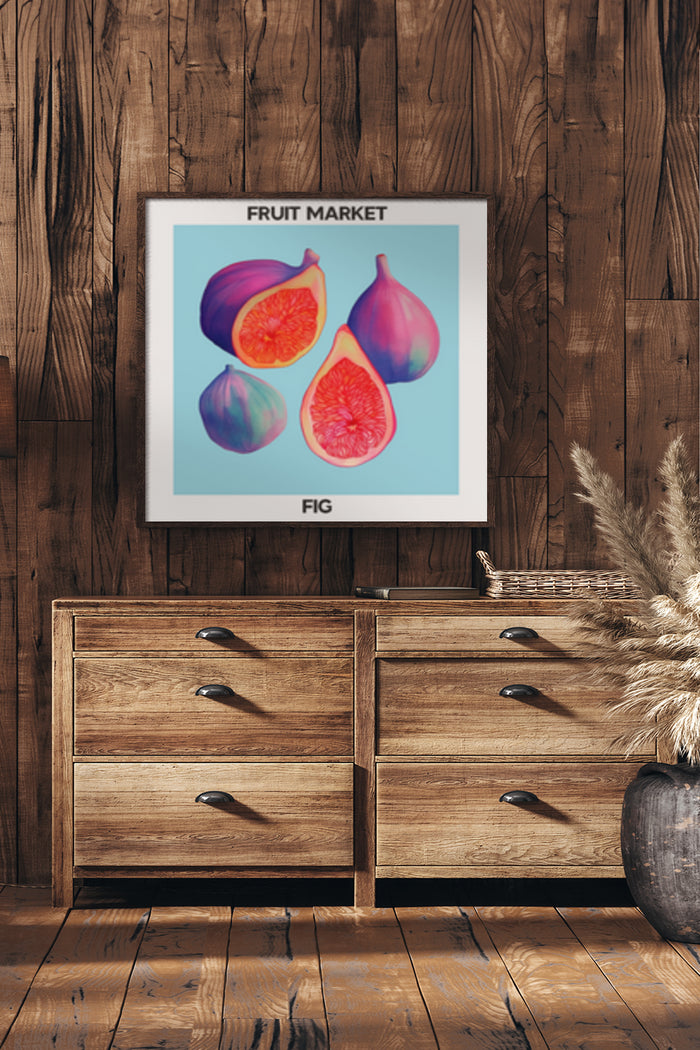 Colorful fig artwork on display with 'Fruit Market' text for home decor