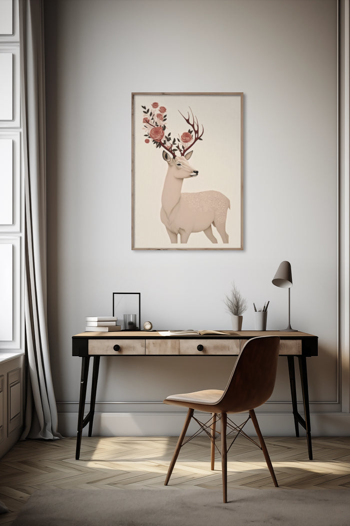 Stylized deer with floral antlers poster above a stylish wooden desk in a contemporary room setting