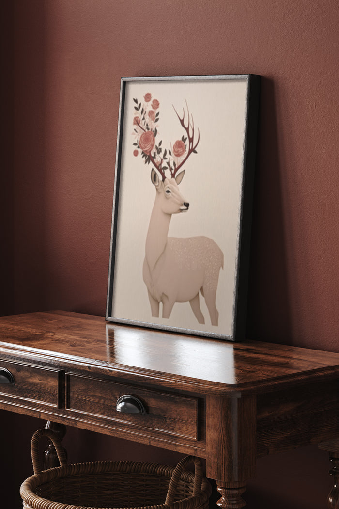 Artistic poster with a deer illustration adorned with floral antlers on wooden side table against a red wall