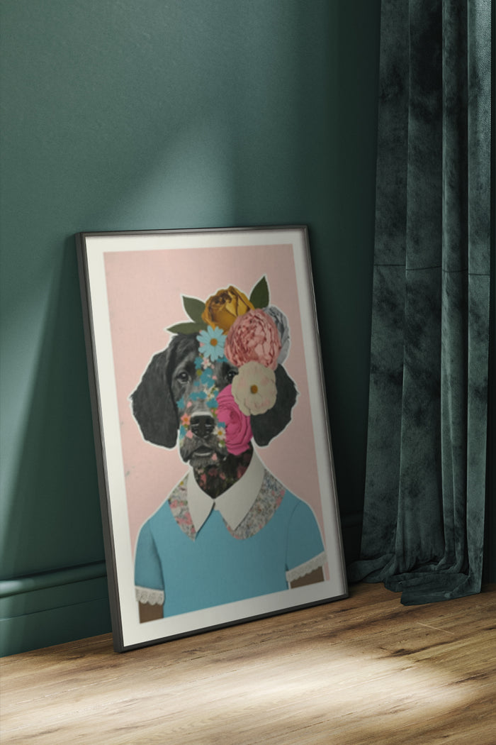 Modern floral dog portrait artwork poster in stylish interior