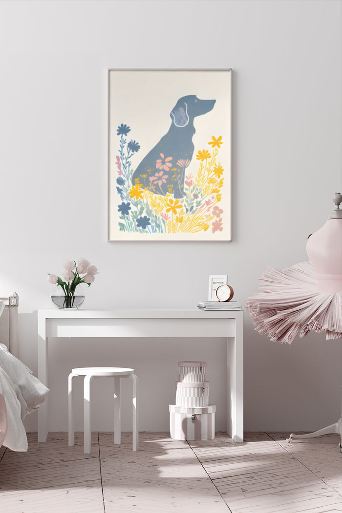 Floral Dog Silhouette Art Poster Hanging in Modern Bedroom Interior
