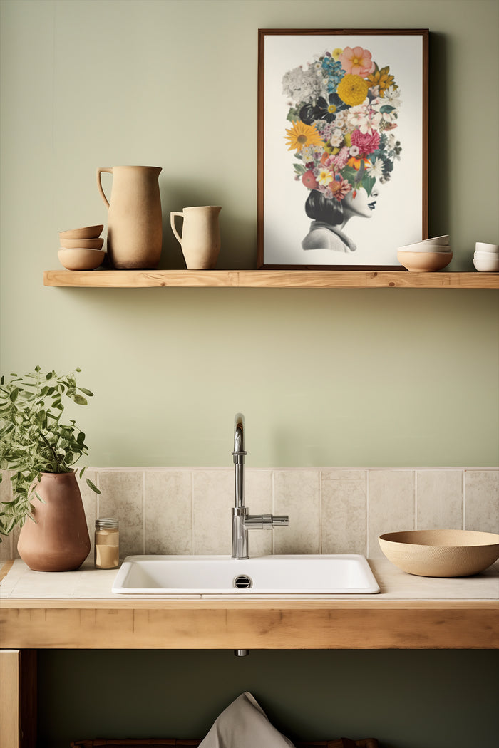 Stylish floral head poster artwork displayed above sink in contemporary kitchen interior design