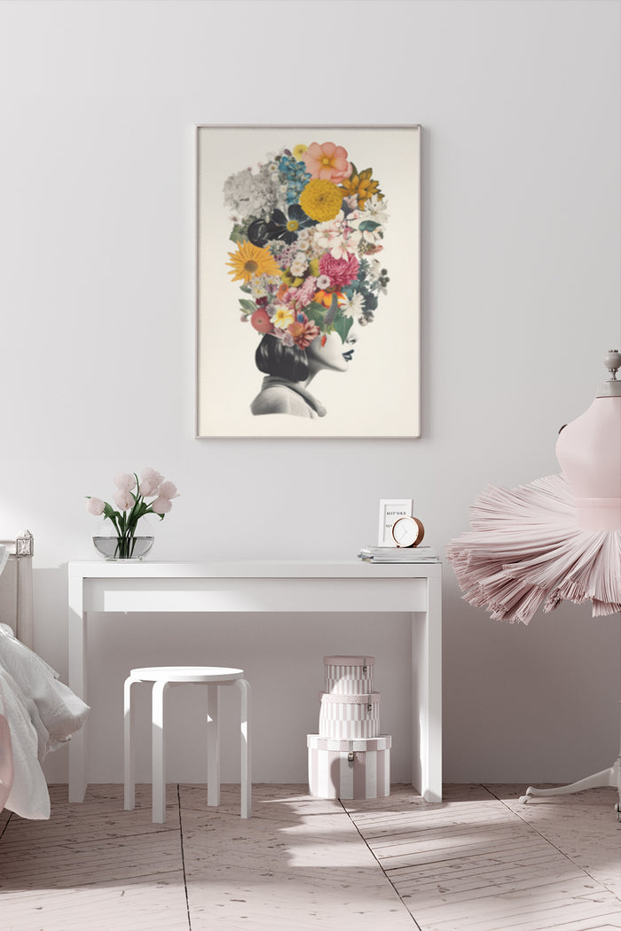 Vintage poster of a silhouette with a floral head arrangement in a chic interior