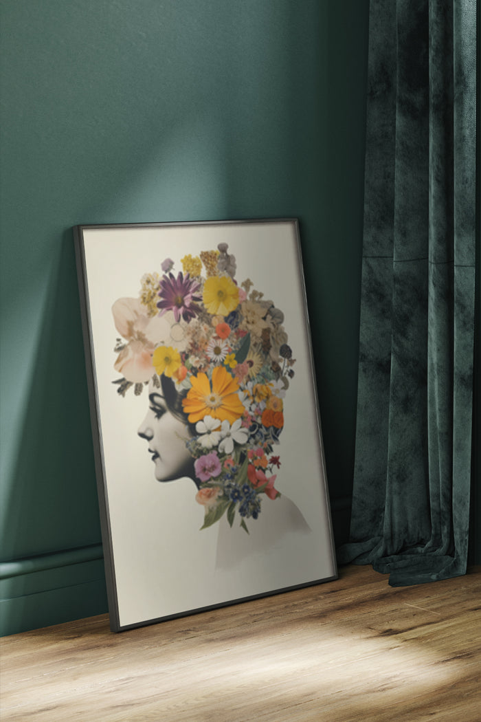Silhouette of woman adorned with colorful floral headpiece artwork poster in interior setting