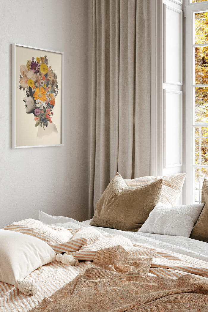 Elegant floral silhouette artwork poster in a modern bedroom setting