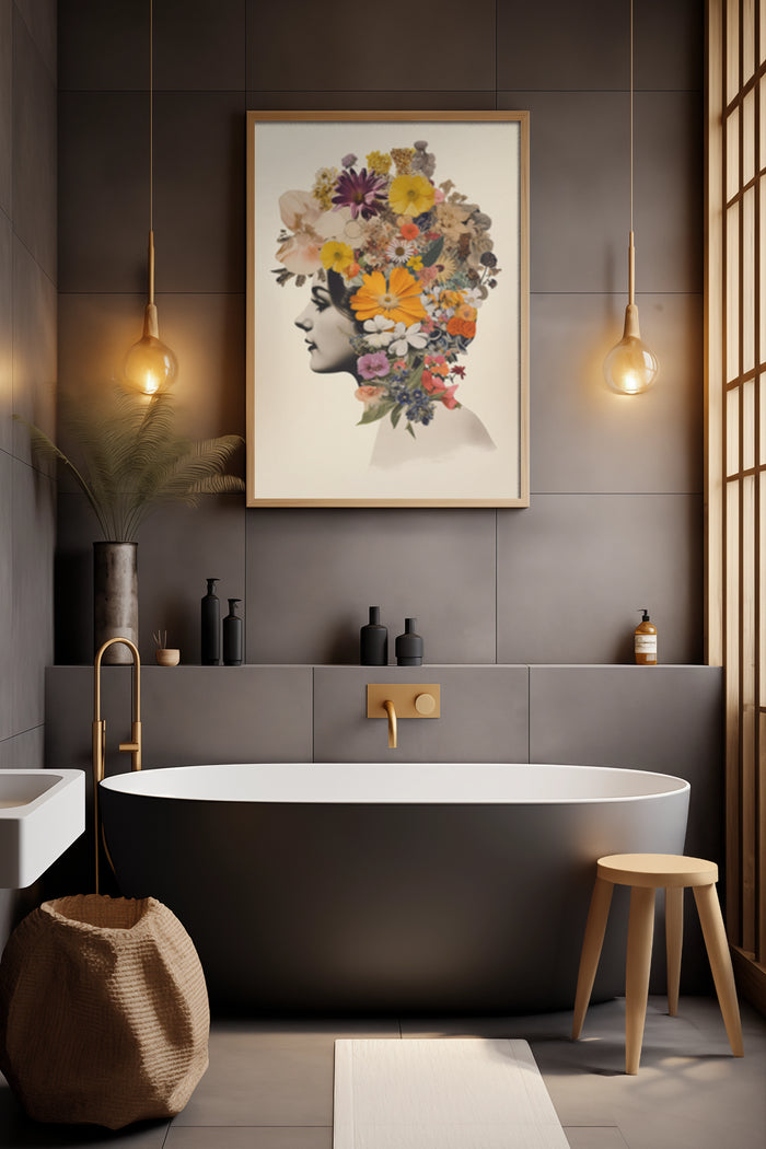 Floral Woman Head Artwork Poster in Modern Bathroom Decor Setting