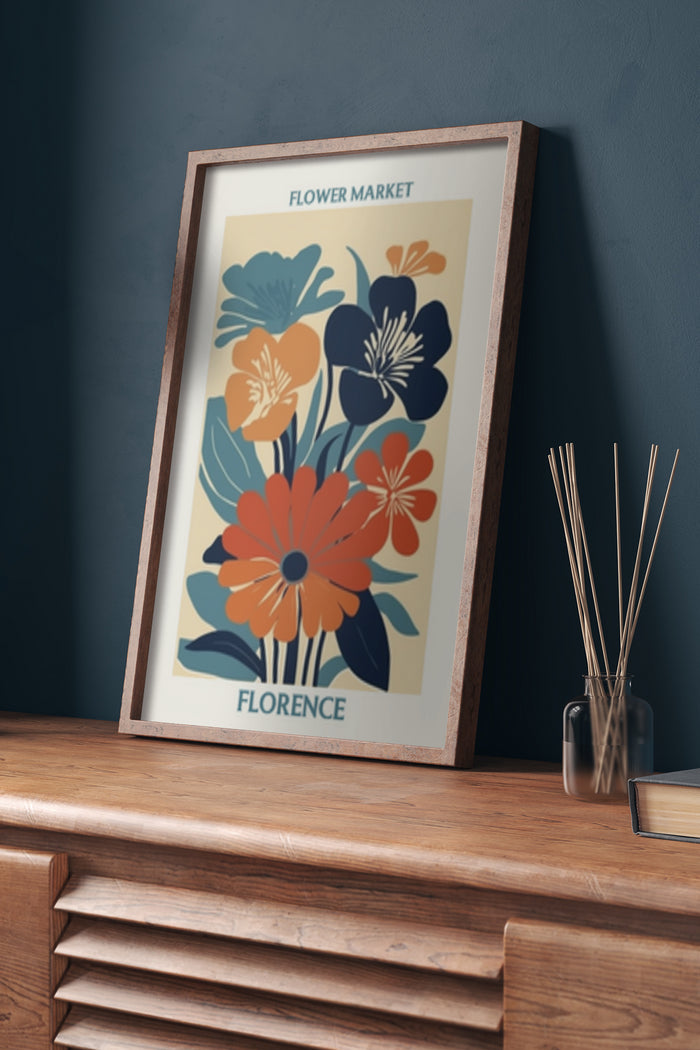Stylized vintage Florence flower market poster in interior setting
