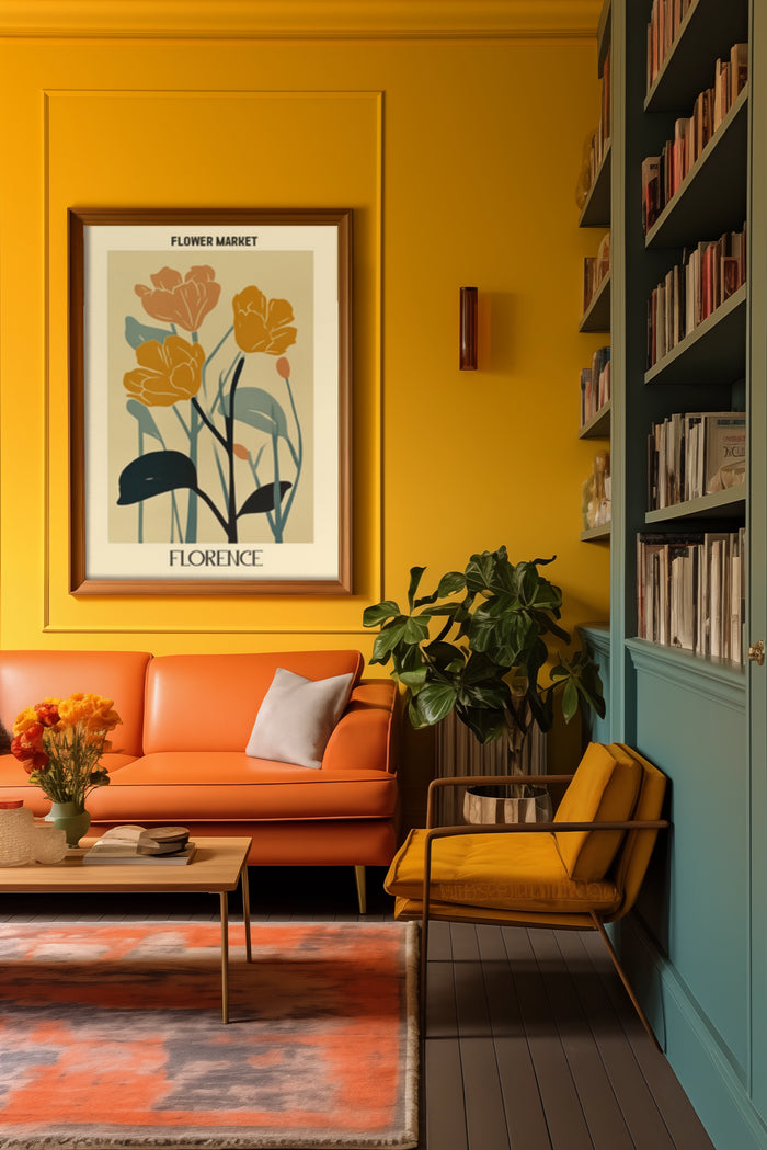 Modern interior with Florence Flower Market poster, orange sofa, and stylish bookshelf.