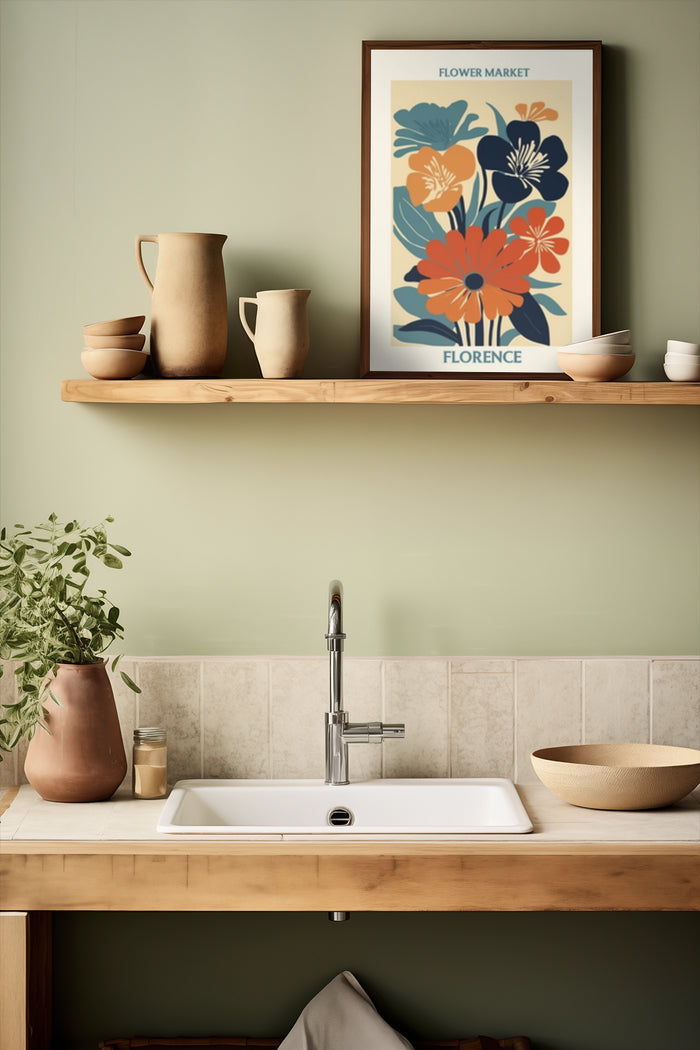 Modern Florence Flower Market Poster in Stylish Kitchen Interior Design