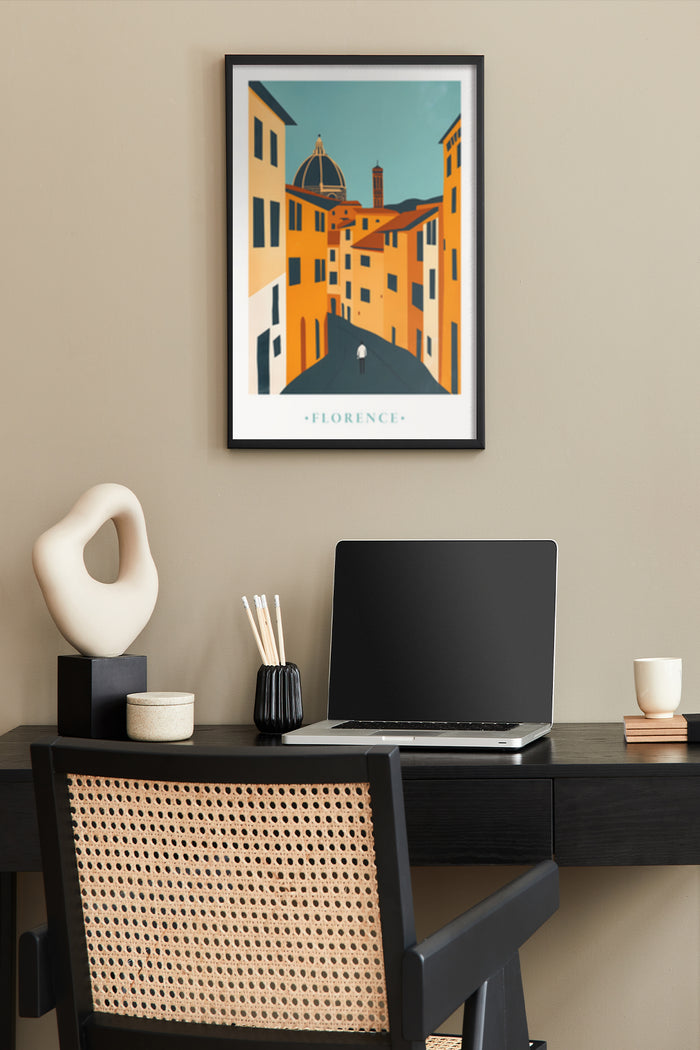 Florence travel poster depicting iconic architecture in a modern home office setting