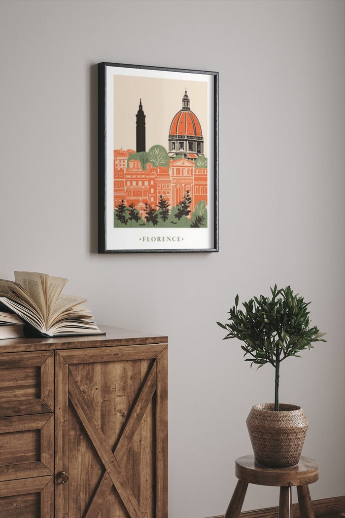 Stylish Florence travel poster with cityscape and landmarks artwork in a home interior setting
