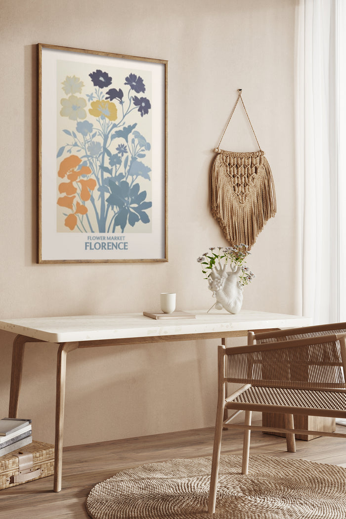Stylish interior with Flower Market Florence poster framed on wall above modern wooden table