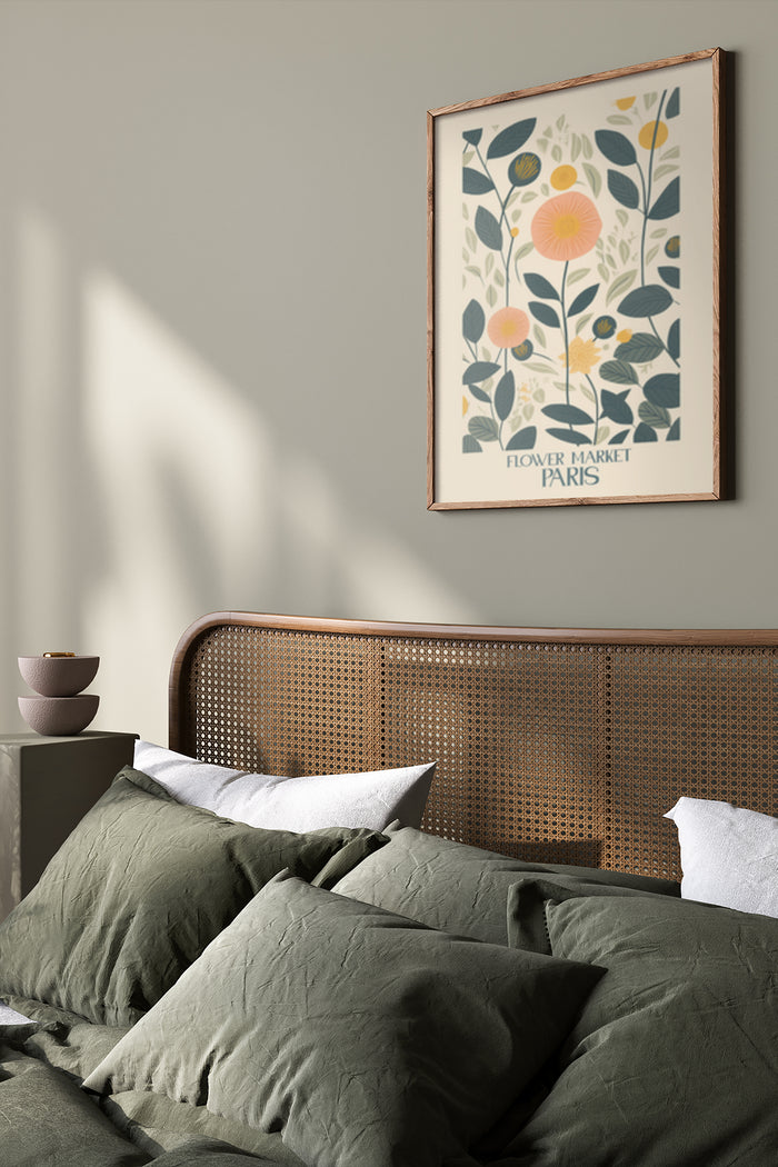 Elegant bedroom interior with Flower Market Paris poster artwork above the bed