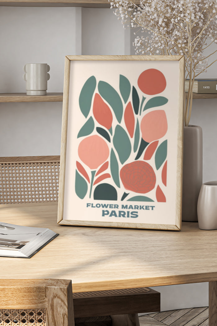 Modern minimalist flower market Paris poster artwork in a wooden frame on a stylish home interior shelf