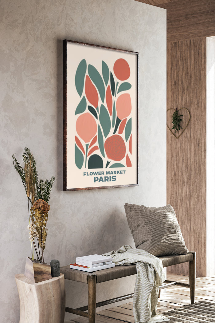Stylized Flower Market Paris poster with floral and fruit illustration in modern interior