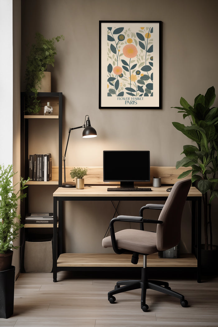 Elegant home office interior with a framed poster of Flower Market Paris on the wall