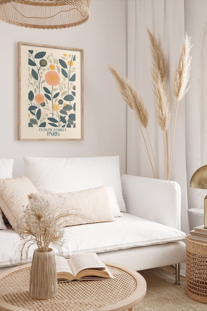 Elegant interior with Flower Market Paris poster on wall, complementing contemporary furnishings and neutral color palette