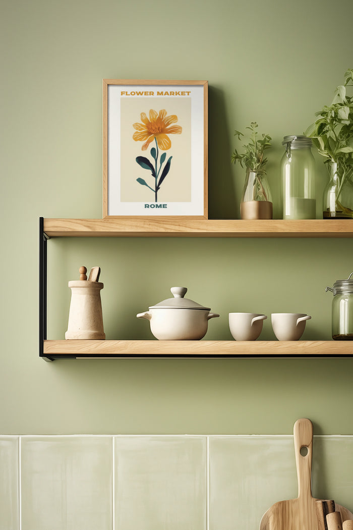 Rome Flower Market Poster in Wooden Frame on Kitchen Shelf