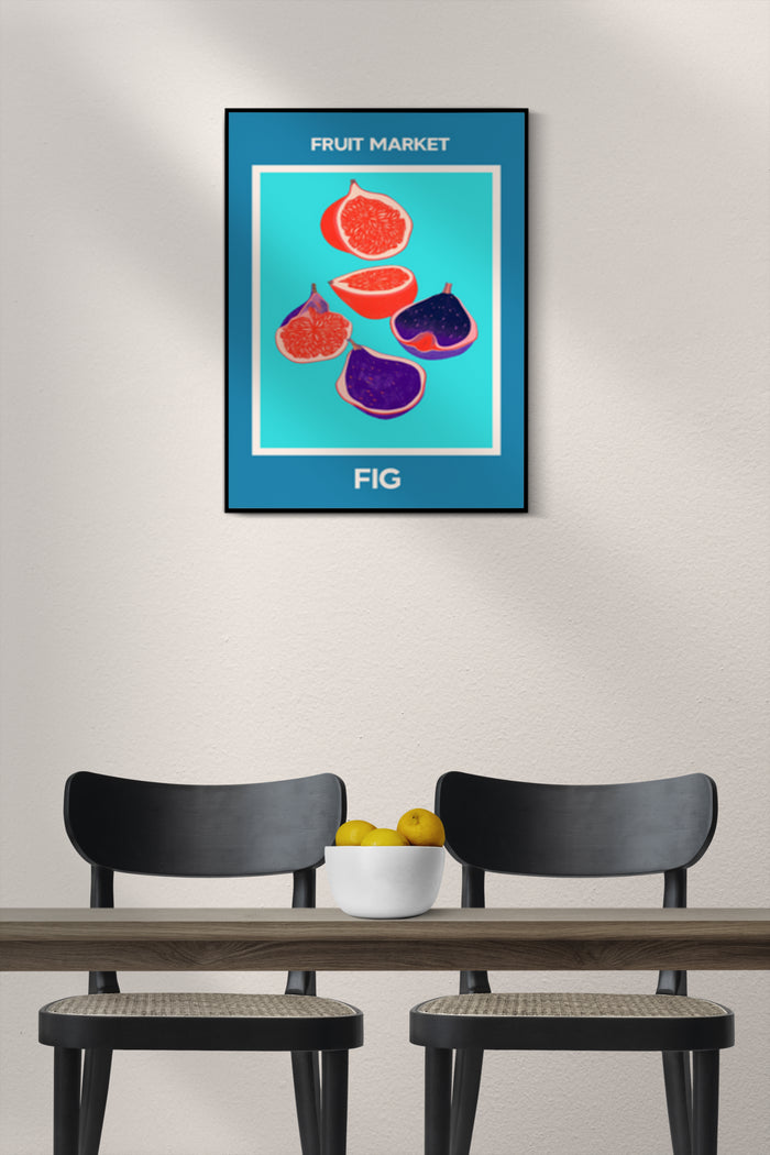 Stylish fruit market fig advertising poster displayed above a wooden table in a modern restaurant setting