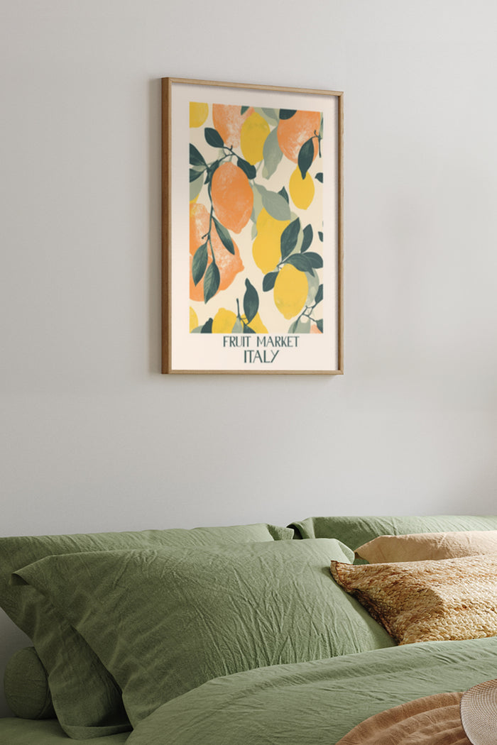 Stylish bedroom interior with citrus fruit market Italy poster on the wall