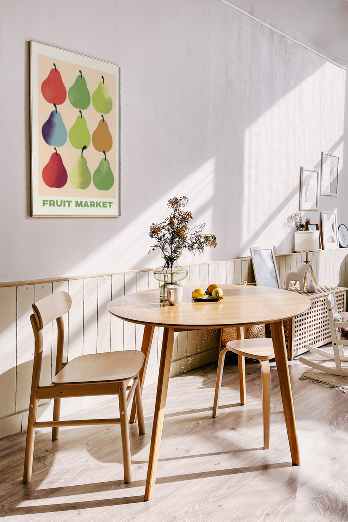 Colorful fruit market poster on the wall of a stylish modern kitchen with natural light