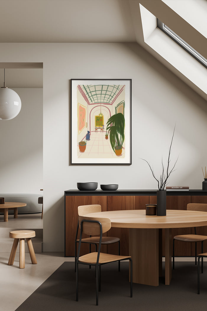 Contemporary artwork poster in modern gallery interior with stylish furniture and decor