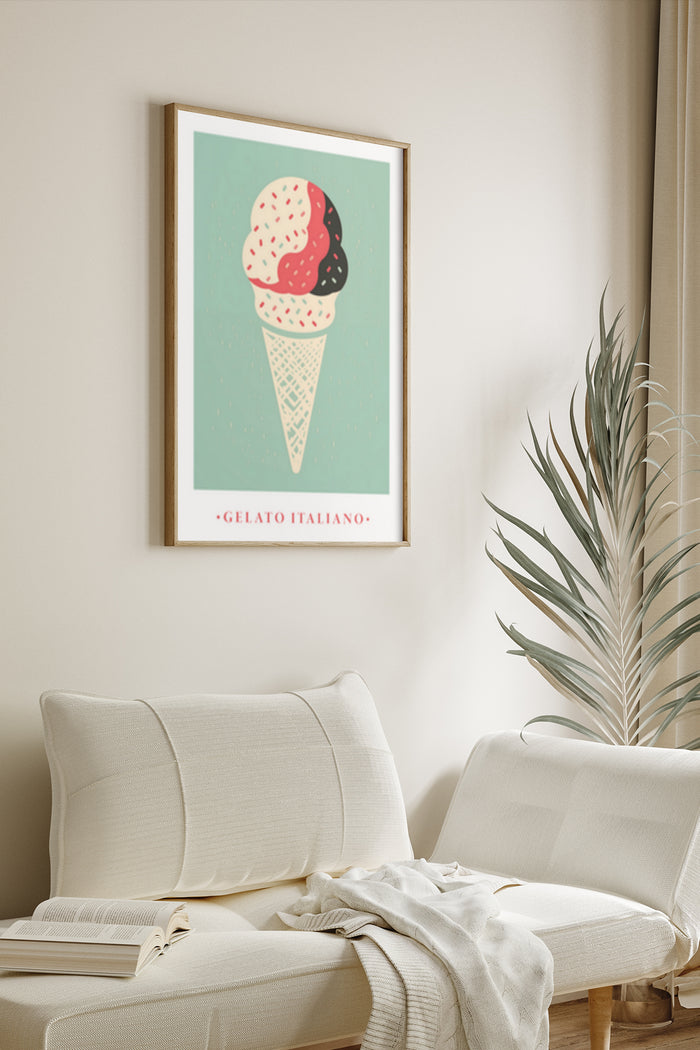 Gelato Italiano ice cream cone poster in stylish home interior