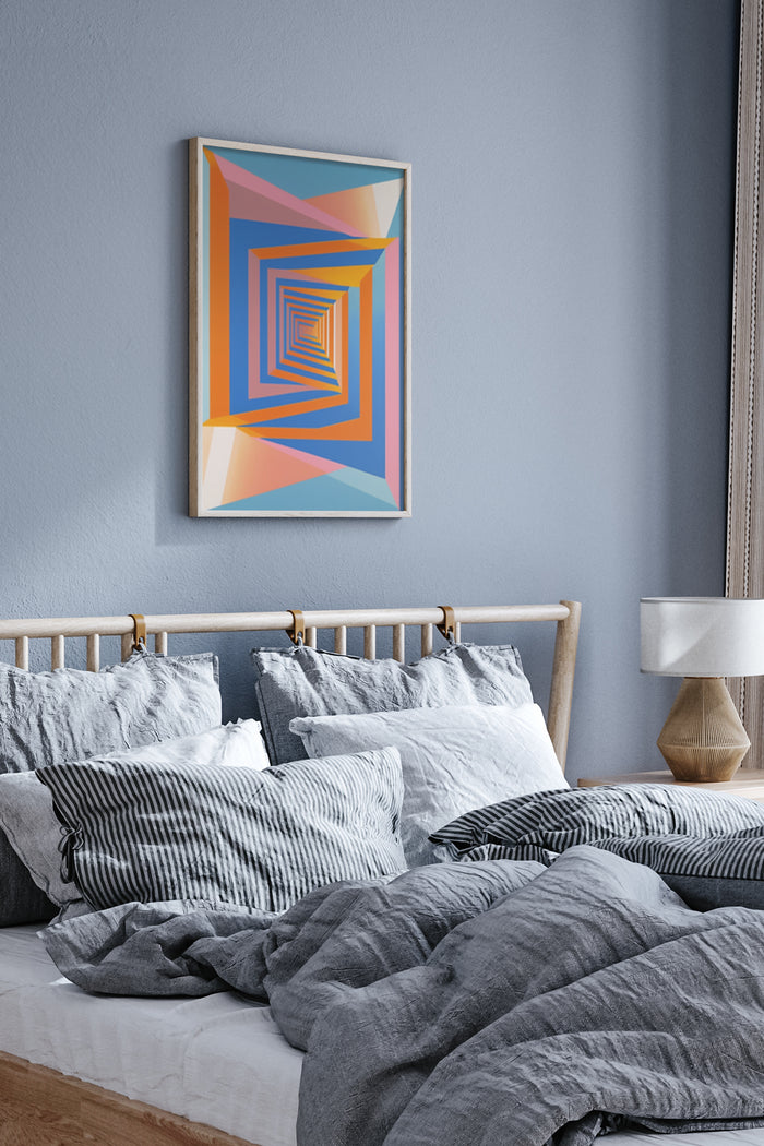 Colorful geometric abstract art poster hanging over the bed in a modern bedroom decor