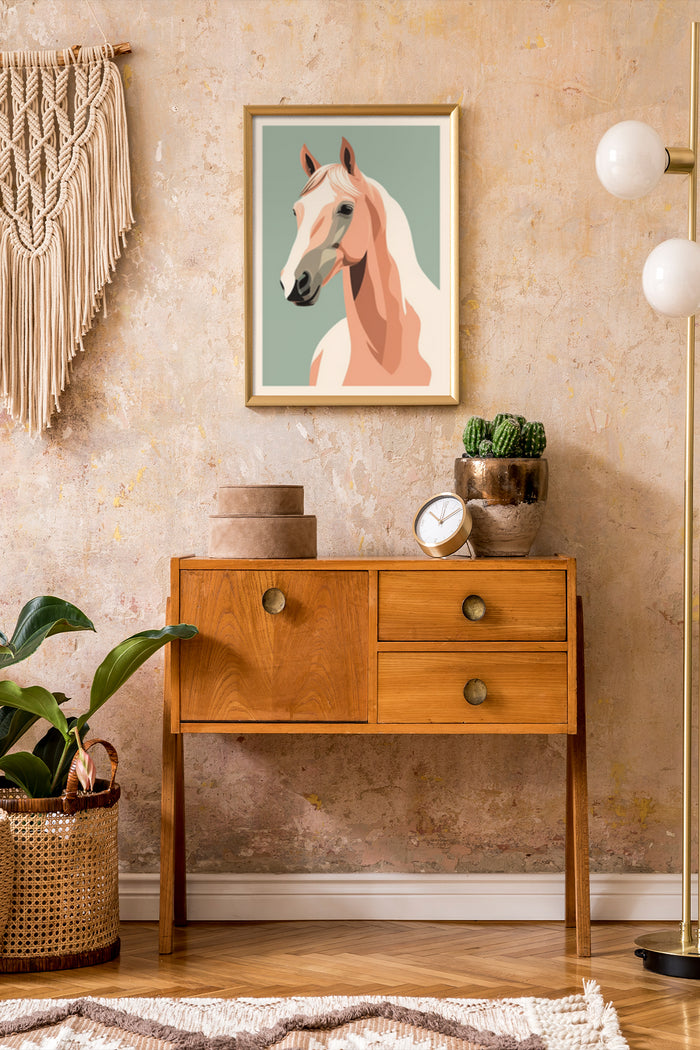 Minimalist Geometric Horse Art Print in a Stylish Room Decor Setting