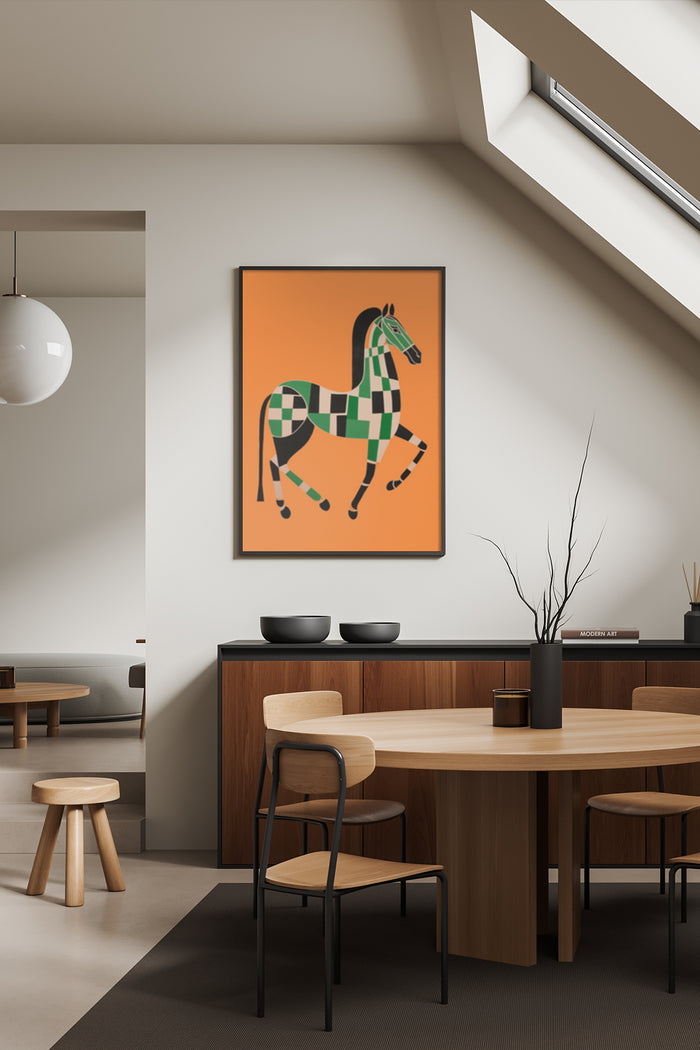Geometric Horse Poster in Modern Dining Room Decor