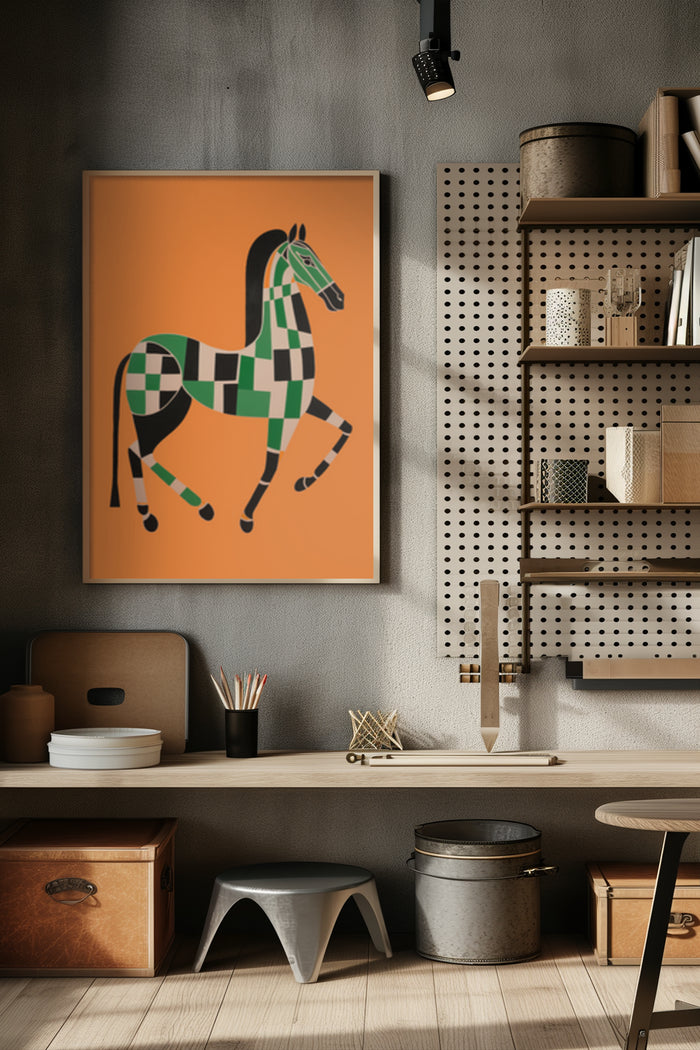 Minimalist geometric pattern horse artwork poster in modern interior setting