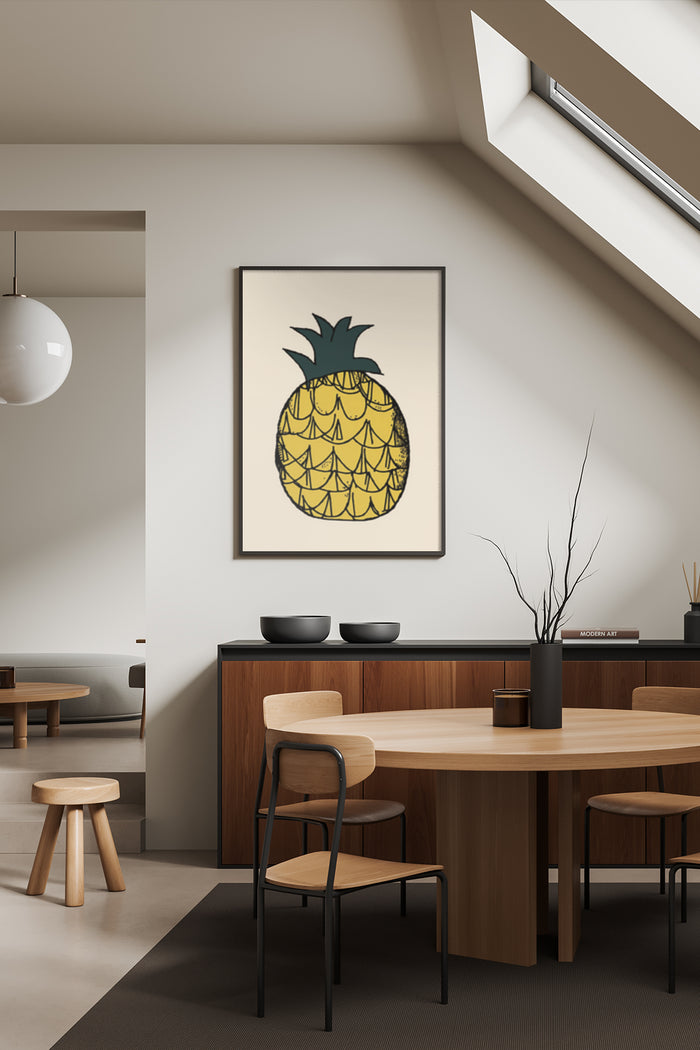 Minimalist geometric pineapple poster framed on wall in modern dining room decor