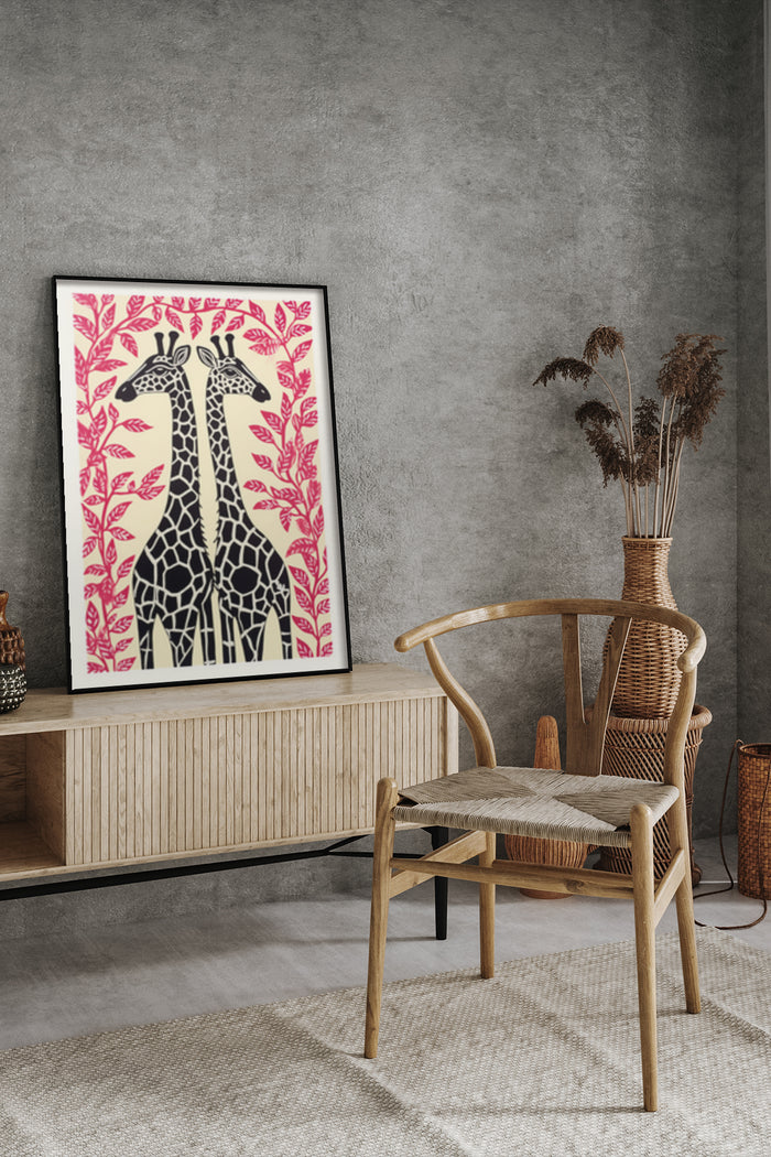 Stylized giraffe and red leaves artwork poster in a modern home interior setting