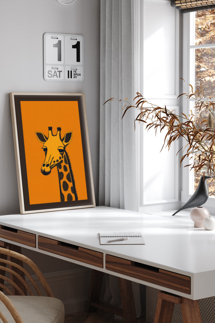 Modern giraffe art poster in home office setting