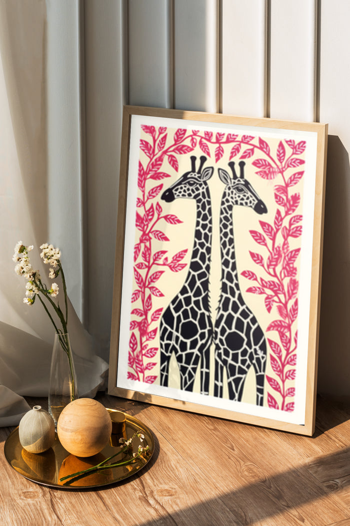 Stylized giraffe illustration with pink foliage framed wall art in interior setting