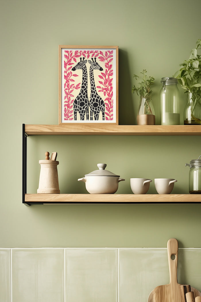 Stylish giraffe poster framed on wall with pink leaf pattern in a modern kitchen setting