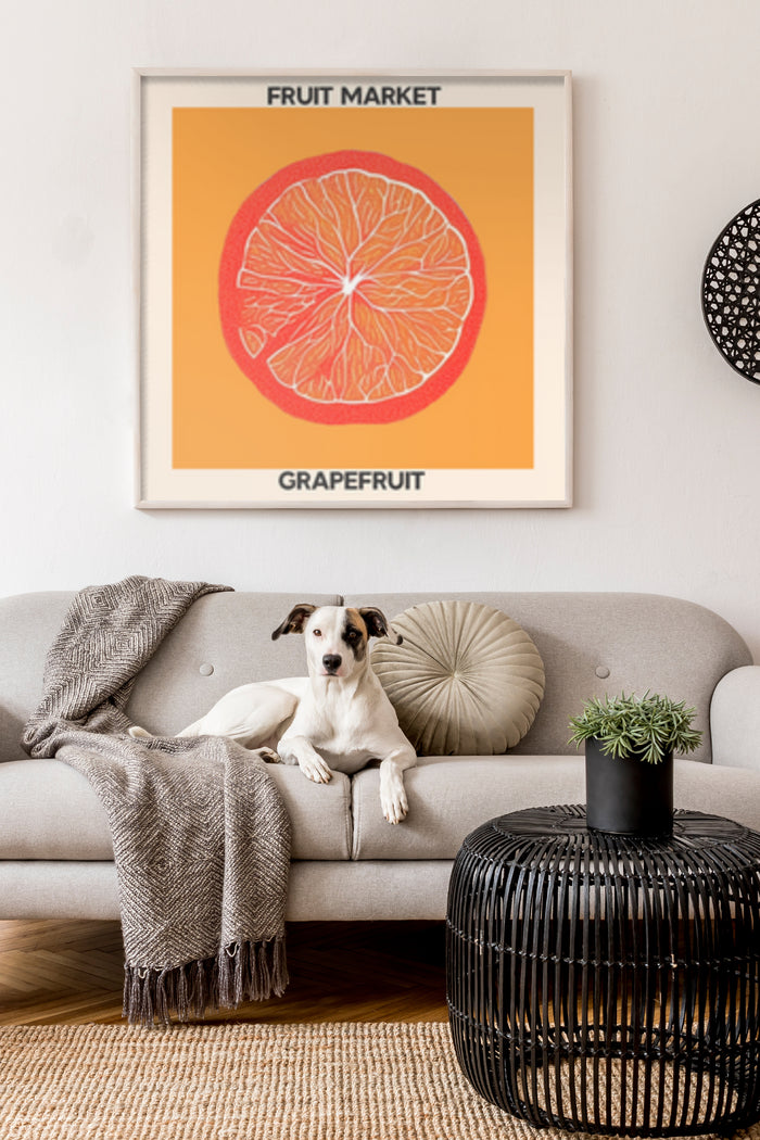 Modern interior design with a fruit market grapefruit poster on the wall and a dog sitting on a grey couch