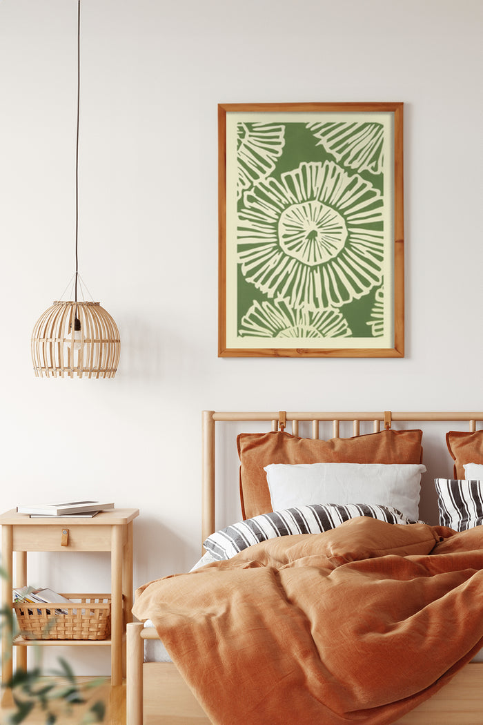 Green abstract floral art poster in bedroom interior with wooden frame on wall