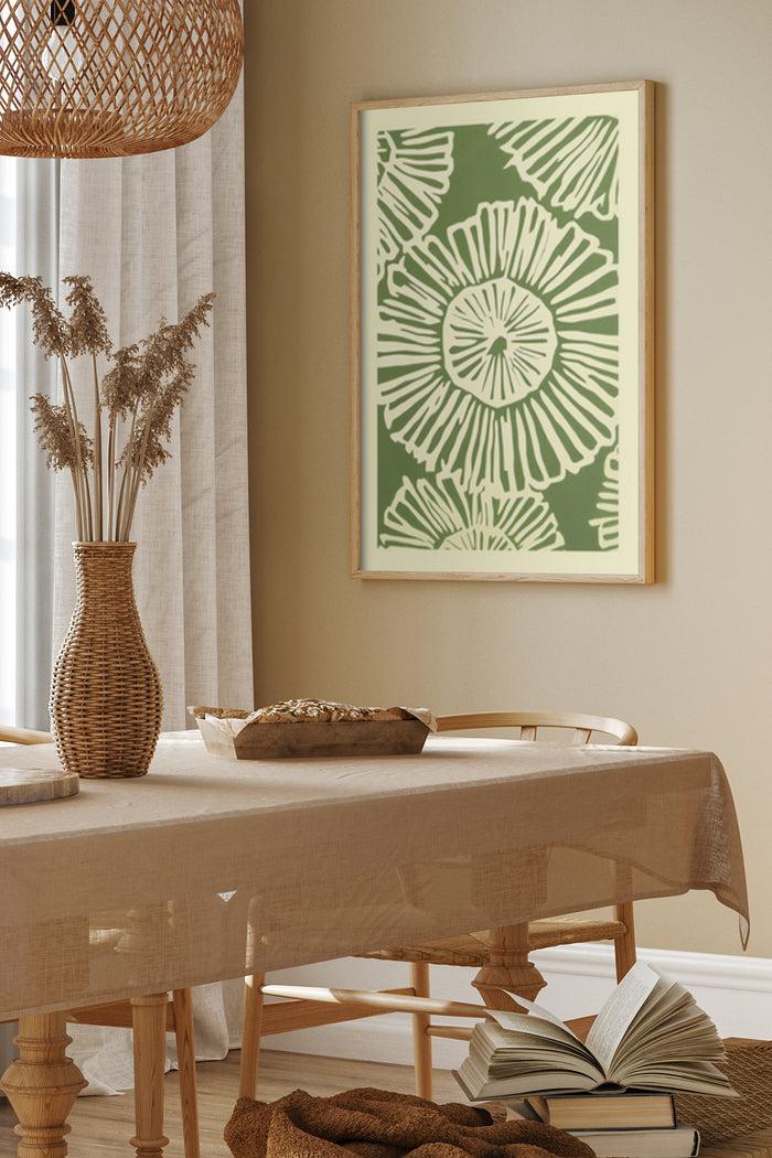 Green and white floral pattern poster art in a wooden frame, displayed in a contemporary dining room setting