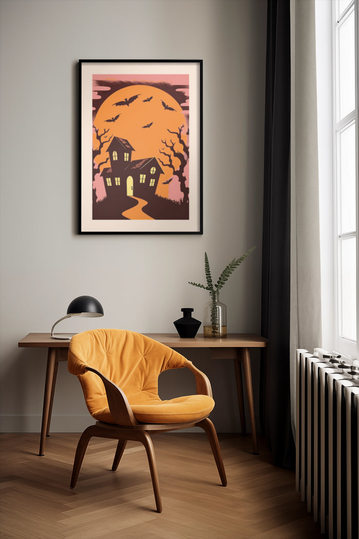 Spooky Halloween art with haunted house and full moon framed poster in stylish room